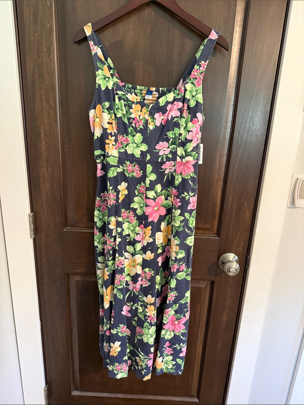 Old Navy Navy Floral Midi Dress with Pink, Yellow & Green Blooms